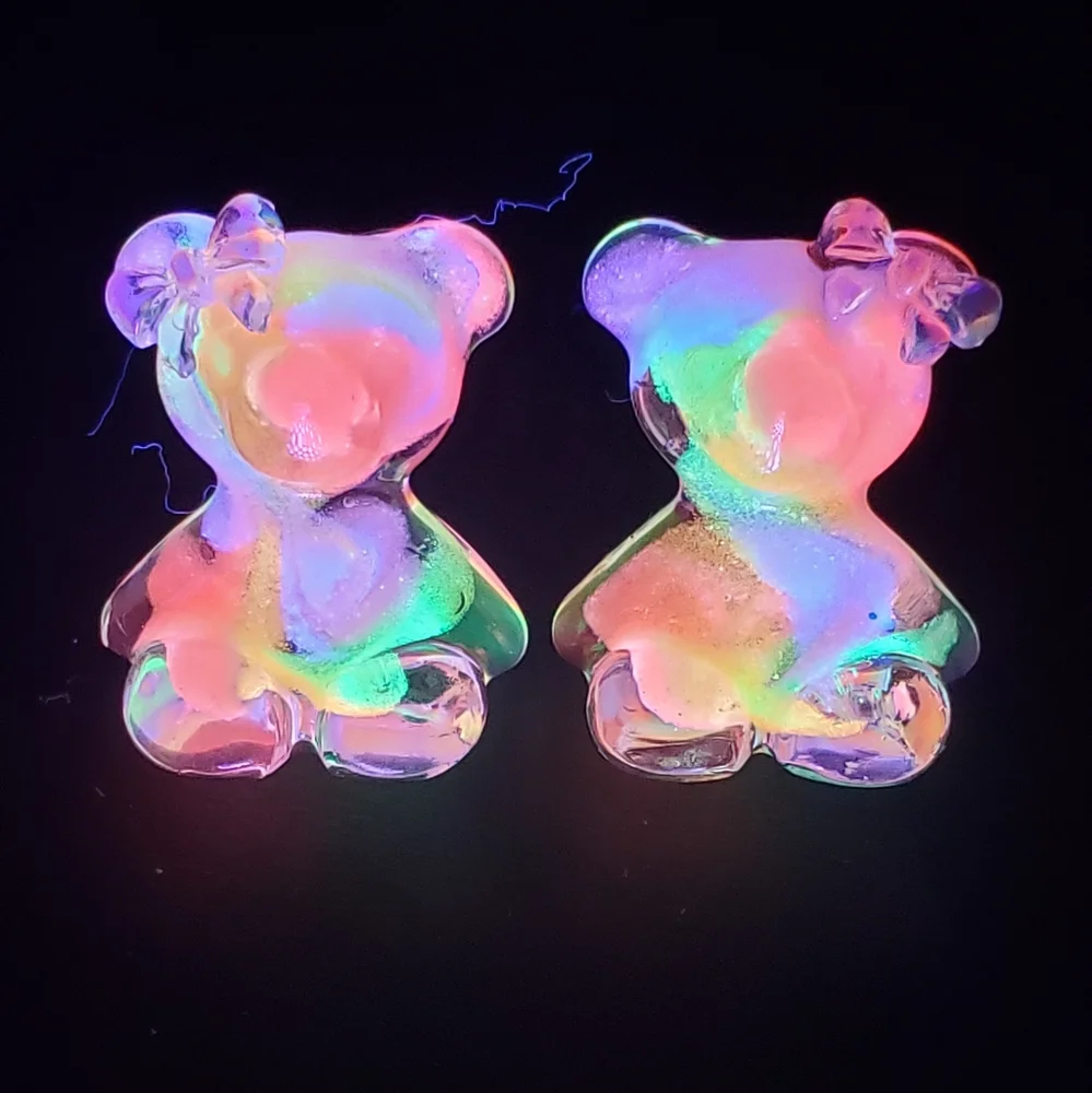 Handmade Rainbow Bear with Bows Stud Earrings - Reacts to UV Light - Picture 6 of 8
